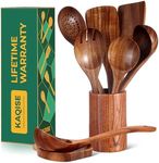 KAQISE Wooden Spoons for Cooking, Kitchen Essential Wooden Utensils Set, Teak Wood Cooking Utensils Set for Families（8 Pieces ）