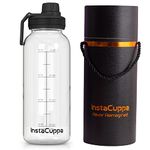 InstaCuppa Borosilicate Glass Water Bottle 1000 ML with Innovative Time Markings, BPA Free, Wide Mouth Sports Sipper Lid with Carrying Loop, Removable Neoprene Silicone Sleeve, Black (Pack of 1)