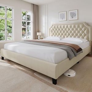 DWVO King Size Velvet Bed Frame with Adjustable Headboard, Upholstered Platform Bed with Deep Button Tufted and Rivet Decor, Strong Wooden Slats, No Box Spring Needed, Easy Assembly, Beige