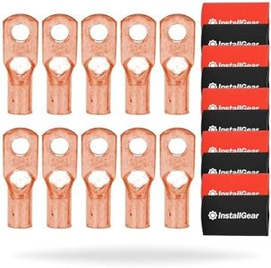 InstallGear 1/0 Gauge AWG Pure Copper Lugs Ring Terminals Connectors with Heat Shrink (10 Pack) | Electrical Connectors, 1/0 Ring Terminal - Heat Shrink Wire Connectors for 1/0 Gauge Wire