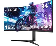 Z-Edge 34 Inch Curved Gaming Monitor Ultrawide 165Hz(DP) 100Hz(HDMI) 1ms MPRT 21:9 3440x1440 WQHD R1500 Curved Screen, Tilt/Swivel/Height Adjustable, FreeSync, HDMI, DisplayPort