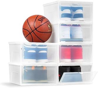 IRIS USA Stackable Shoe Storage Box with Latch Drop Front Door, 6-Pack, for Scarf Game Organizer Container with Ventilation Holes for Closet Under Bed Entryway Storage, Strudy, Wide, Clear