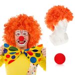 Adults Curly Afro Wig, Short Clown Disco Party Wigs Colorful 70s 80s 90s Party Clown Wigs Fancy Dress Accessory Cosplay Wig Hairpieces for Women and Men with Red Foam Clown Noses, Orange