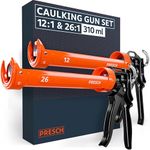 Presch Silicone Gun Set 26:1 & 12:1 with Drip-Stop – Caulking Guns for up to 310ml cartridges (Acrylic & Silicone to High Tack Adhesive) – 360° Rotating Barrel with Integrated Puncture pin