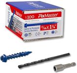 FixMaster 3/16 x 1-1/4" Hex Head Blue Concrete Screw Anchors (100 pcs Screw Kit) with one Screwdriver and Drill Bit for Concrete, Masonry, Block, Brick and Wood Fastening