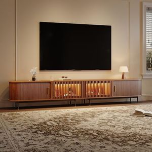 POVISON Fully-Assembled Sliding Tambour Door TV Stand with LED Lights, Mid Century Modern TV Console, Wood Media Console, Entertainment Center with Storage Cabinet(Walnut, 118.11")