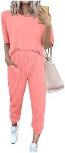 PRETTYGARDEN Women's Two Piece Outfit Short Sleeve Pullover with Drawstring Long Pants Tracksuit Jogger Set (Pink,3X-Large)