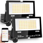 Lighting master LED Floodlight 50W 5000LM, Bluetooth Smart Flood Lights Outdoor with APP and Alexa Control, Warm White to Daylight Dimmable, No WiFi No Hub, IP66, UK Plug (2 Pack)