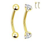 ALACLO 2 Pcs 14k Gold Filled Eyebrow Rings, 16G Threaded Rook Piercing Jewelry, Surgical Steel Vertical Lip Labret Belly Tongue Ring Daith Earring Curved Barbells, Gold, cubic zirconia