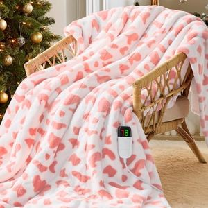 Cow Print Heated Electric Blanket Throw,50X60 Pink Heating Blanket with 10 Heats Levels & 8 Hours Auto Off,Cute Cow Decor Stuff Soft Fleece Sherpa Blankets Warmer Gifts for Women Washable,ETL
