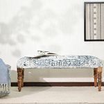 Albany Living Ethnic Print 100% Cotton Upholstered Rectangular Bench Ottoman with Bronze Nailhead Trim and French Farm Style Solid Wood Legs, Blue