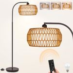 Brilvibera Rattan Standing Lamp with Remote and Dimmable Bulb, Bronze Arch Floor Lamp, Over Couch Lamp with Foot Switch, Brown Boho Lamp for Living Room, Bedroom, Office, Classroom