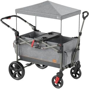 Busy Bee Foldable Wagon Stroller for 2 Kids, Push Pull Collapsible Kids Wagon with Adjustable Handle Bar, Removable Canopy, 5-Point Harness, Shock-Absorbing Wheels, Grey