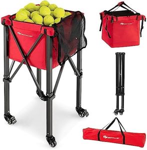 Goplus Foldable Tennis Ball Hoppers, Lightweight Aluminum Tennis Ball Basket with Wheels, Removable Bag, Side Pockets, Carry Bag, Portable Sports Teaching Cart Holds 150 Tennis Balls (Red)