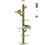 PAWZ Road Cactus Cat Tree Floor to Ceiling [87-100'] Height Adjustable, Upgraded Thick Cat Scratching Post [Dia=4.1'] Perch and Cat Hammock, 5-Levels Tall Cat Tree Super Robust Scratching Post Green