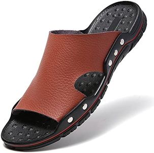 JINDELI Men's Summer Leather Slide Sandals Open Toe Beach Slippers Shoes, Brown, 8.5