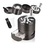 Joymaking Herb Grinder Hand Cranked, 2.5" Large Capacity Spice Grinder with Handle and Magnetic Lid, 4 Pieces Zinc Alloy Grinder with Drawer and Pollen Catcher (Gun Black, 2.5")