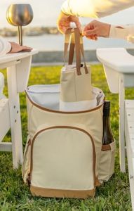 Handté Insulated Wine Cooler Backpack – Canvas & Vegan Leather Picnic Bag for up to 4 Bottles, Food, & Snacks | TSA Approved Removable Wine Bag, Cooler Compartment & Travel Strap