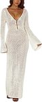 Women See Through Knit Long Dress Long Sleeve Crochet Maxi Bodycon Dress Backless Beach Bikini Cover Up Dresses, Ad White Vneck, Medium