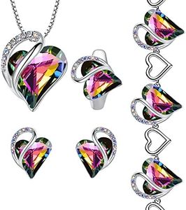 Leafael Infinity Love Heart Necklace, Stud Earrings, Bracelet, and Ring Set, Healing Stone for Protection Crystal Jewelry, Silver Tone Gifts for Women, Rainbow Black