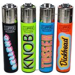 Zactly - 4 x Clipper Lighter Set NAUGHTY WORDS 4 FUNNY SAYINGS Rare Design Gas Refillable Standard Size Lighters Replaceable Flint - Limited Edition