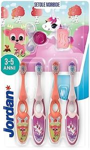 Jordan* | Step 2 Spazzolino da denti Bambini | Spazzolino per bambini di età 3-5 anni | Setole morbide, doppio manico ergonomico e senza BPA | Colore Rosa & Giallo | Confezione 4 unità