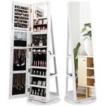 CHARMAID 63.5" H Jewelry Armoire with Full Length Mirror 360° Swivel, 3-Color LED lights, Rear Storage Shelves, Lockable Standing Jewelry Cabinet Organizer with Large Storage Capacity (White)