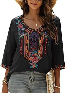 Grosy Bohemian Embroidered Tops for Women, Hippie Clothes, Mexican Peasant Blouses, Traditional Boho Clothing Tunic Shirts, Black-4, 3X-Large