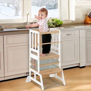 COSYLAND Toddler Standing Tower - Adjustable Height Toddler Kitchen Stool Helper - Kids Kitchen Step Stool for Learning with Removable Safety Railing White & Natural