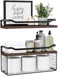 Fuyoula Floating Shelves with Storage Basket, Bathroom Shelves Over Toilet with Protective Metal Guardrail, Wood Wall Shelves for Bathroom, Bedroom, Living Room, Toilet Paper