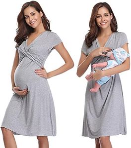Irdcomps Chemise de Nuit Maternité Femme Coton Robe Patineuse Maternité d'allaitement Robes Vêtements Grossesse Allaitement Pyjama à Manches Courtes Gris L
