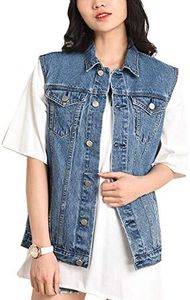 Flygo Women's Buttoned Washed Denim Vest Sleeveless Jean Trucker Jacket (Medium, Blue)