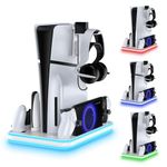PS5 Slim Accessories Cooling Stand with RGB LED – DualSense & Edge Controller Charging Dock – Vertical Charging Base with USB Ports - White