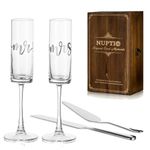 NUPTIO Wedding Gifts Champagne Flutes: Silver Mr Mrs Champagne Glasses Cake Knife Server Set Wooden Box Couple Bride Groom Engraved Crystal Personalized Anniversary Engagement Presents Toasting 6oz