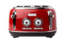 Haden Jersey Red Toaster 4 Slice - Retro Stainless Steel Design with Reheat, Defrost, Self-Centering Functions, Customizable Browning Control - 1370-1630W, 220-240V - Elegant Kitchen Appliance