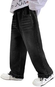 Rolanko Boys Baggy Jeans, Wide Leg Elastic Waist Denim Pants Loose Fit Trousers Vintage Y2K Streetwear (Black PocketEmbroidery, 8-10)