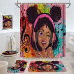 4Pcs Black Music Girl Shower Curtain Sets, African American Young Lady with Headphones Bath Curtain with Non-Slip Rug, Toilet Lid Cover and Bath Mat, Cool Girl Bathroom Decor with 12 Hooks, 72" x 72"