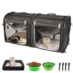 wakytu Portable 2-in-1 Pet Carrier for Medium Dogs Large Cat 2 Cats Travel Double Dog Crate Set with Carry Bag/Hammocks/Mats/Tent Stakes/2 Pcs Bowls Outdoor Camping, 2.0 Black