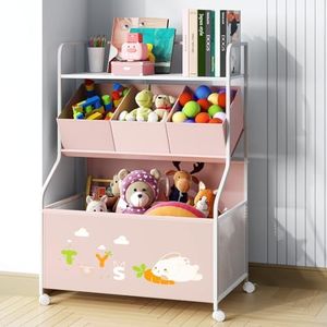 BBLIKE Toy Storage Organizer with Wheels - 3-Tier Kids Large Toy Box, Toy Chest Storage for Boys Girls Toddlers, Kids Bookshelf with 3 Fabric Toy Boxes for Playroom, Pink