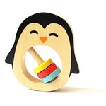 Shumee Handmade Wooden Penguin Rattle (6 Months+) | Multicolor | Teething Toy | Natural Wood & Beeswax Sealer Ages | Organic & Safe | Natural & Non Toxic Materials