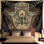 QCWN Psychedelic Tapestry Trippy Tapestry Black Gold Hamsa Hand Tapestry Mandala Medallion Bohemian Tapestry Evil Eye Hamsa Hand Blessing Home Good Luck Wall Decor Tapestry For Bedroom Dorm Room.