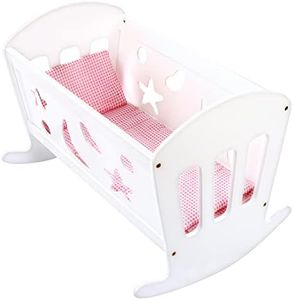 Bino world of toys cuna de muñecas con ropa de cama, accesorios de guardería, juguetes para niños a partir de 3 años (cama de muñecas blanca incl. colchón, manta y almohada, recortes de corazón)