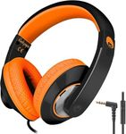 Rockpapa Comfort+ Kids Wired Headphones Over Ear Headphones with Microphone for Kids Children Adult, Stereo Sound, Adjustable Headphones for School/Travel/Phone/PC/MP3-Black Orange