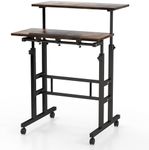 CASART Height Adjustable Rolling Computer Desk, 2-Tier Standing Desk with Wheels & Tilting Top, Home Office Computer Workstation Mobile Laptop Table for Bedroom Study Small Spaces (Brown)