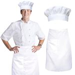 SevenFish Chef Hat Waist Apron Set, Adjustable Elastic Cooking Hat, Professional Waiter Waitress Apron with Pocket for Men, Women, Kitchen, Home, Restaurant, Catering (White)