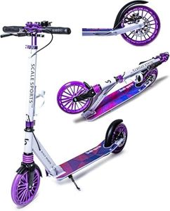 Scale Sports - Folding Kick Scooter for Adults up 100kg, Teens and Kids 7+ with Wing and Disc Handbrakes, Lightweight Kick Scooter with Carry Strap, Bottle holder, Bell (Purple)