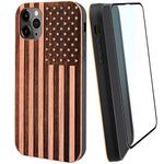 iProductsUS Compatible with iPhone 12/12 Pro (6.1") American Flag Phone Case and Screen Protector, Real Rose Cherry Wood Engraved in USA, Unique Wooden TPU Protective Cover iPhone 12 2020 6.1-inch