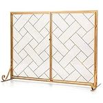 TANGZON Fire Guard, Wrought Iron Mesh Fireplace Screen with Double Doors & Stand, Indoor Outdoor Spark Flame Protection Barrier for Open Fire, Log Burner, Pets, Child & Baby, 113 x 40 x 85cm