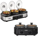 Dual and Triple Slow Cooker Buffet Server - Multiple Pot Food Warmer with Adjustable Temp Lid Rests - Stainless Steel