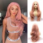 Xiweiya Mixed Peach Pink U Part 4 * 1 Lace Wigs Long Body Wave Hair Rose Gold Queen Heat Resistant Fiber Wig High Density Hair-reparement Wig for women